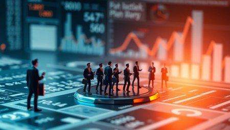 Miniature people standing on the coin with stock market data. 3D rendering.の写真素材