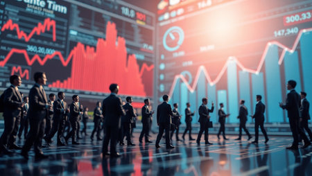 Silhouette of a group of business people walking on the background of stock market graphs.