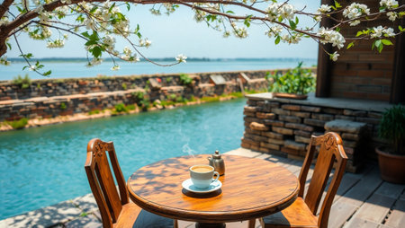 Coffee cup on wooden table and beautiful view of the seaの写真素材