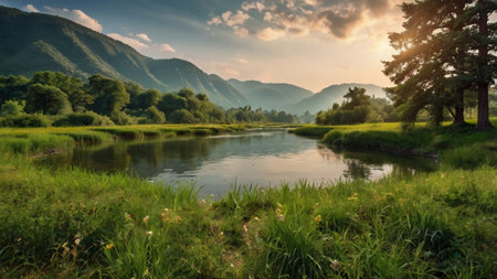 Beautiful summer landscape with green meadow and river in mountains at sunsetの写真素材