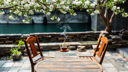 Wooden table and chairs in the garden with cherry blossoms.の写真素材