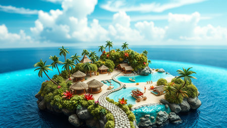 tropical island with palm trees and bungalows. 3d renderの写真素材
