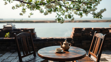 Cup of coffee and teapot on the table near the seaの写真素材