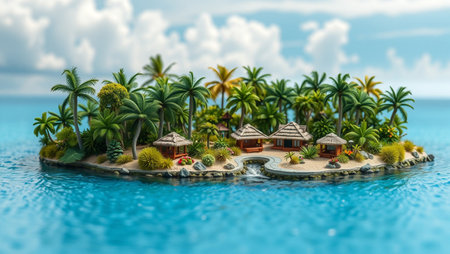 Tropical island with palm trees and bungalows on the waterの写真素材