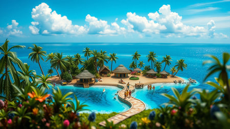Beautiful tropical island with palm trees and swimming pool. 3d renderの写真素材
