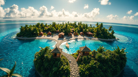 Tropical island with palm trees and bungalows at Maldivesの写真素材