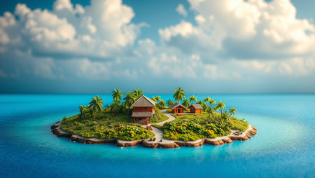 Tropical island with palm trees and bungalows. 3d renderの写真素材