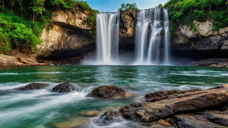 Panoramic view of beautiful waterfall in deep forest at Erawan waterfall, Kanchanaburi province, Thailandの写真素材