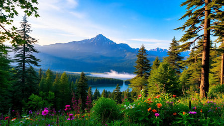 Mountains and flowers on the background of the lake in the summerの写真素材