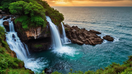 Beautiful waterfall on the tropical sea at sunset. Nature background.の写真素材
