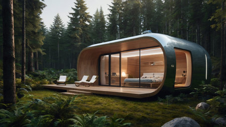 3D rendering of a wooden house in a forest with a lakeの写真素材