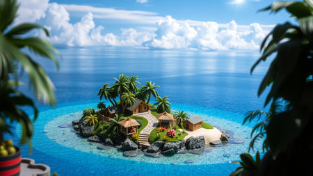 Mini island with palm trees and bungalows. 3d renderの写真素材