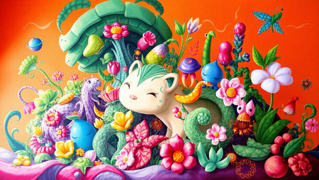 Chinese zodiac animals in fantasy land,colorful painting on wall