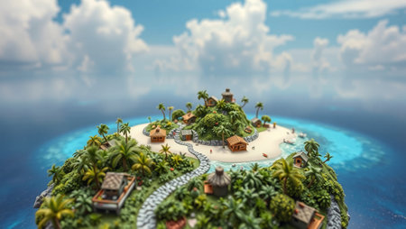Mini island with palm trees and houses. 3d render illustration.の写真素材