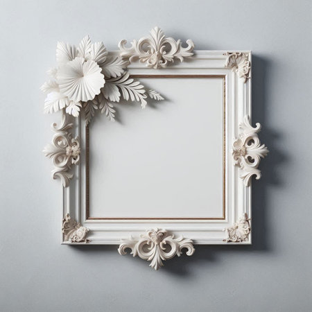 Decorative frame on grey background, top view. Copy space.の写真素材