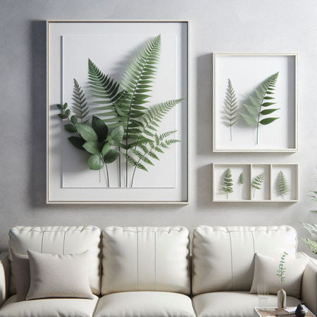 Modern living room interior with mock up poster frame, sofa and plantsの写真素材