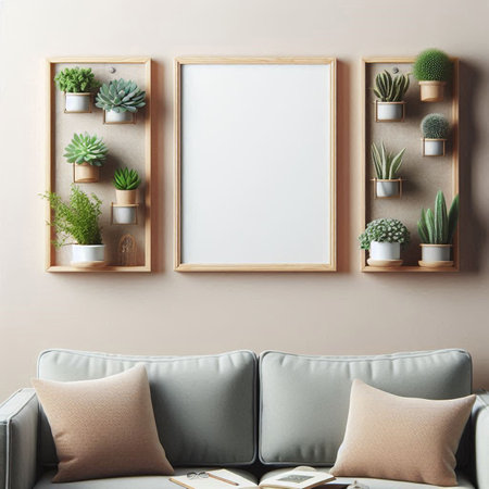Mock up poster frame in interior background, Scandinavian style, 3d renderの写真素材