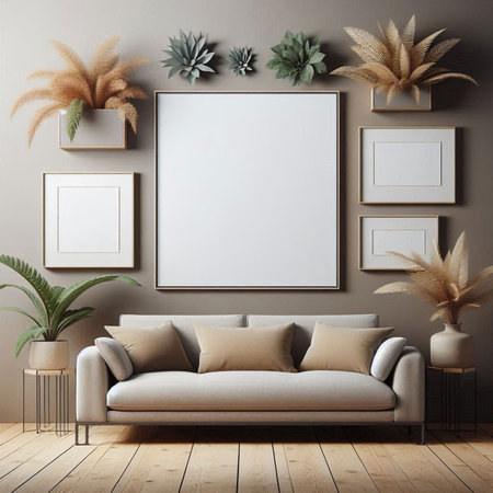 Mock up poster frame in interior background, Scandinavian style, 3D render