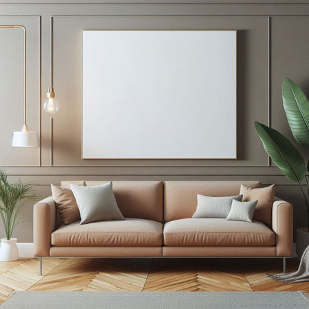 Modern living room interior with beige sofa, coffee table, plants and empty poster on wall. Mock up, 3D Renderingの写真素材