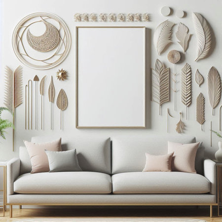 Mock up poster frame in interior background, Scandinavian style, 3D renderの写真素材