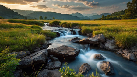 Long exposure of a mountain river flowing through a meadow at sunsetの写真素材