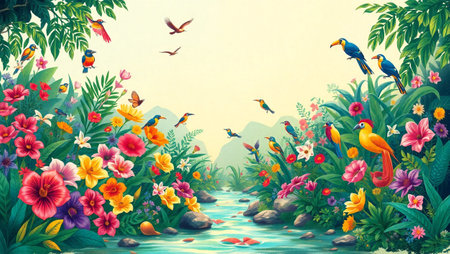 Summer landscape with flowers and tropical birds. Illustration for your designの写真素材