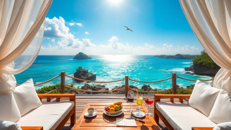 Beautiful view of the sea and the beach from the terraceの写真素材