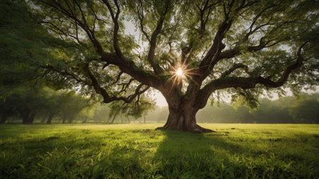 Old big tree in the park with sunbeams and lens flareの写真素材