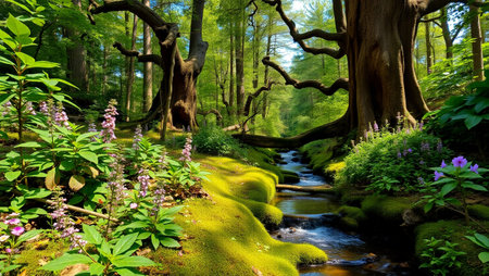 Beautiful spring forest landscape with a small river and mossy trees