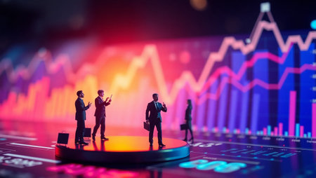 Businessman standing on Dj controller with stock market graph background.の写真素材