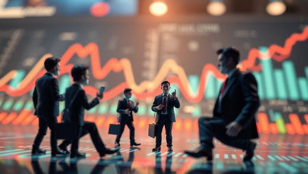 Businessman standing on stock market graph background.