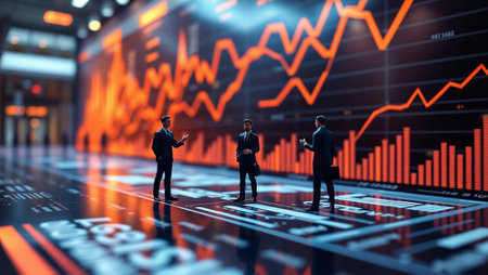 Businessmen standing in front of stock market chart. 3D rendering