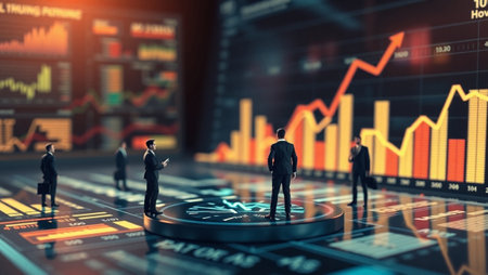 3d rendering of business people standing on clock with stock market chart