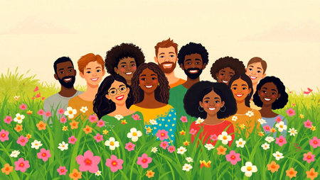 Group of happy multiethnic people in the meadow. Vector illustration.の写真素材