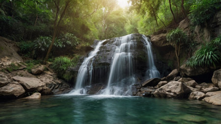 Waterfall in deep forest at Erawan waterfall National Park, Kanchanaburi, Thailand