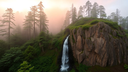 Panoramic view of a waterfall in the forest at sunrise.