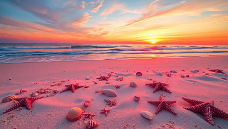 Beautiful seascape with starfish on the beach at sunset