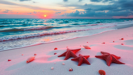 Beautiful seascape with starfish on the beach at sunset.