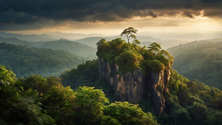 Mountain landscape with a tree on top of a rock, Thailandの写真素材