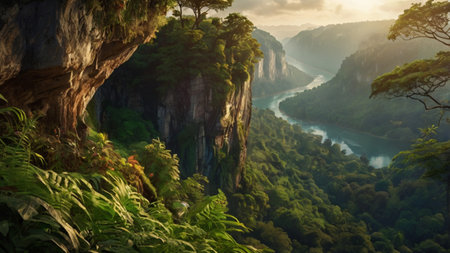 Panoramic view of karst mountains and river at sunset.の写真素材