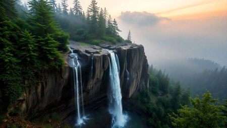 Misty waterfall in the mountains. Beautiful summer landscape. Beauty in nature.