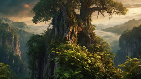 Fantastic landscape with a tree in the foreground and a misty valley in the background