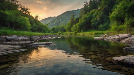Landscape of mountain river with green forest and sky at sunset.の写真素材