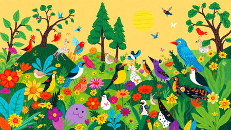 Spring landscape with birds and flowers. Illustration in vector format.の写真素材