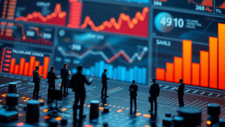 Miniature people businessmen standing on stock market data graph. Business and finance concept.の写真素材
