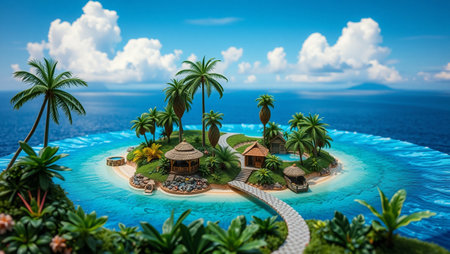 Tropical island with palm trees and bungalows. 3d render