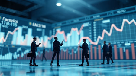 Business people talking and looking at stock market chart. 3D rendering