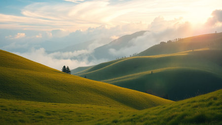 Beautiful landscape at sunrise. Sunrise over the hills