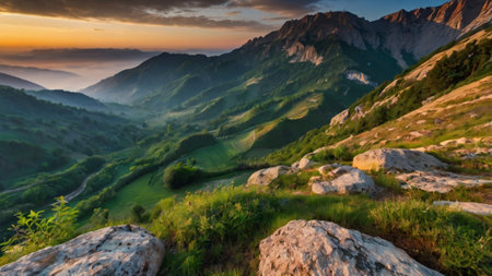 Panoramic view of the mountains at sunset. Beautiful summer landscape.の写真素材
