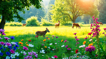Beautiful summer landscape with wild deer and flowers in the meadowの写真素材
